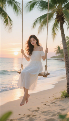 日暮黄昏海边沙滩荡秋千美女写真图片